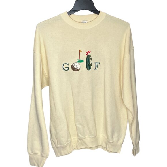 Vintage 80s 90s Adult Unisex XL Butter Yellow Embroidered Golf Sweatshirt Preppy - Picture 1 of 3